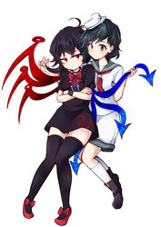  2girls aqua_eyes asymmetrical_wings black_dress black_hair black_legwear bow commentary_request crossed_arms dress grabbing_another&#039;s_wing hat highres houjuu_nue multiple_girls murasa_minamitsu neckerchief red_eyes sailor_dress sailor_hat short_sleeves thighhighs touhou uranaishi_(miraura) wings zettai_ryouiki 