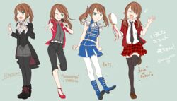  4boys adapted_costume altessimo_(idolmaster) amattle aqua_eyes beit_(idolmaster) belt black_legwear black_necktie boots brown_hair commentary_request dramatic_stars_(idolmaster) drill_hair full_body hair_down high_x_joker_(idolmaster) idolmaster idolmaster_side-m male_focus mizushima_saki multiple_boys multiple_persona necktie otoko_no_ko pantyhose plaid plaid_skirt pleated_skirt short_twintails shorts skirt thighhighs twin_drills twintails white_legwear 