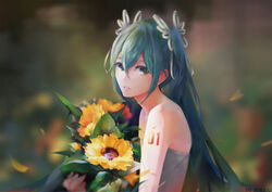  aqua_eyes aqua_hair bad_id bad_pixiv_id bare_shoulders blurry blurry_background bouquet commentary_request erjian female flower hair_between_eyes hair_ribbon hatsune_miku highres holding holding_bouquet long_hair looking_at_viewer number_tattoo petals photoshop_(medium) pink_ribbon ribbon solo tattoo twintails vocaloid 