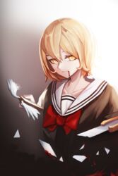  anizi bleeding blonde_hair blood blood_on_face bow bowtie cellphone collarbone commentary_request female hair_between_eyes highres holding holding_knife knife mahou_shoujo_site phone red_bow red_bowtie sailor_collar school_uniform shattered simple_background solo standing takanoori_middle_school_uniform upper_body white_sailor_collar yatsumura_tsuyuno yellow_eyes 