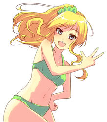  bikini blonde_hair blue_eyes commentary_request female idolmaster idolmaster_cinderella_girls long_hair looking_at_viewer ohtsuki_yui pochita_(pochitaiko) side_ponytail simple_background smile solo swimsuit 