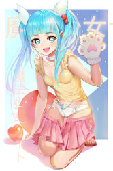  :d absurdres anazawa_nijimi animal_collar animal_ears animal_hands apple blue_eyes blue_hair blush breasts chinese_commentary collar commentary_request dog_ears dog_paws earrings female food frilled_panties frilled_shirt frills fruit full_body gloves hair_bobbles hair_ornament highres jewelry kirbyheimi kneeling mahou_shoujo_site open_mouth panties paw_gloves photoshop_(medium) pink_skirt pleated_skirt sandals shirt skirt sleeveless sleeveless_shirt small_breasts smile spade_(shape) spade_earrings symbol-shaped_pupils underwear white_panties yellow_shirt 