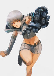  belt blackball commentary_request crop_top cyborg detached_sleeves female grey_hair highres hood hood_down hooded_vest hoodie mechanical_arms midriff miniskirt navel original photoshop_(medium) red_eyes short_hair single_mechanical_arm skirt solo vest 