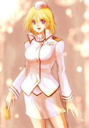  blonde_hair blue_eyes breasts card commentary_request female hat medium_breasts poo-kame reggie_mackenzie short_hair skirt smile solo yu-gi-oh! yu-gi-oh!_gx 