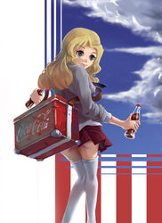  american_flag bad_id bad_pixiv_id blonde_hair blue_eyes bottle coca-cola commentary_request cooler female gameplay_mechanics girls_und_panzer highres jacket kay_(girls_und_panzer) logo long_hair necktie photoshop_(medium) pleated_skirt rod_(wayfirecmo19) saunders_school_uniform school_uniform skirt sleeves_rolled_up smile soda solo strap thighhighs uniform world_of_tanks 