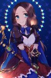  bangs blue_cape blue_eyes blue_gloves blue_legwear blue_neckwear bow bowtie brown_cape brown_hair cape closed_mouth commentary_request crescent eburidei_hitomigokuu elbow_gloves fate/grand_order fate_(series) female forehead gauntlets gloves highres holding holding_staff leonardo_da_vinci_(fate/grand_order) long_hair multicolored multicolored_cape multicolored_clothes pantyhose parted_bangs puff_and_slash_sleeves puffy_short_sleeves puffy_sleeves red_skirt shirt short_sleeves single_gauntlet single_glove skirt smile solo staff underbust white_shirt 