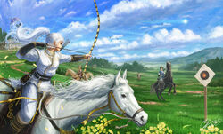  1boy aiming androgynous archery arrow_(projectile) bad_id bad_pixiv_id bird blurry bow_(weapon) brown_hair cloud day depth_of_field drawing_bow fantasy faux_traditional_media female field flag flower grass highres hill holding holding_arrow holding_bow_(weapon) holding_weapon horse horseback_archery horseback_riding long_hair original outdoors outstretched_arm photoshop_(medium) ponytail quiver reins riding scenery shiki_makoto signature sky solo_focus sun target tent tree vambraces weapon white_hair wind 