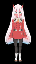  absurdres aged_down alternate_costume aqua_eyes bad_id bad_pixiv_id black_background black_pantyhose boots colored_skin commentary_request darling_in_the_franxx erjian female flat_chest hair_between_eyes highres horns long_hair necktie oni_horns open_mouth orange_necktie pantyhose photoshop_(medium) red_horns red_skin short_necktie silver_hair simple_background solo spoilers standing uniform very_long_hair zero_two_(darling_in_the_franxx) 