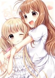  2girls :d ;) blonde_hair blush brown_eyes brown_hair cheek_squash commentary_request criss-cross_halter futaba_anzu hair_ornament halterneck heart highres hug idolmaster idolmaster_cinderella_girls long_hair moroboshi_kirari multiple_girls ntk_(7t5) one_eye_closed open_mouth smile star_(symbol) star_hair_ornament yuri 