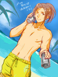  1boy beach can can_to_cheek commentary_request drink dutch_angle giving holding idolmaster idolmaster_side-m incoming_drink looking_at_viewer male_focus male_swimwear navel ocean one_eye_closed ponytail smile solo swim_trunks topless_male tori_(driftwood) watanabe_minori 