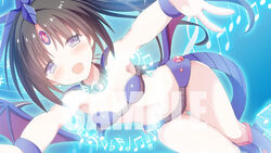  armpits ass_visible_through_thighs bass_clef beamed_eighth_notes bikini blue_background blue_bikini blue_thighhighs boots breasts brown_hair chouhakai!!_barbarossa commentary_request dutch_angle eighth_note female fingernails flat_sign forehead_jewel givuchoko half_note long_hair looking_at_viewer musical_note outstretched_arms parted_bangs purple_eyes purple_wings revealing_clothes sample_watermark sharp_sign side_ponytail sixteenth_note small_breasts solo swimsuit thigh_boots thigh_gap thighhighs treble_clef watermark wings 