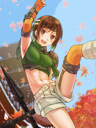  403_(artist) :d arm_above_head armor armpits autumn_leaves brown_eyes brown_hair commentary crop_top day female final_fantasy final_fantasy_vii fingerless_gloves fishnets from_below gloves headband kicking leaf leg_up leg_warmers maple_leaf midriff navel open_fly open_mouth pagoda ribbed_sweater short_hair shorts shuriken sky sleeveless sleeveless_turtleneck smile solo sweater tree turtleneck unzipped weapon white_shorts yuffie_kisaragi 