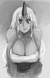  bad_deviantart_id bad_id bankage bare_shoulders breasts breasts_squeezed_together cleavage dark-skinned_female dark_skin female greyscale horns huge_breasts leaning_forward long_hair looking_at_viewer monochrome monster_musume_no_iru_nichijou ogre oni oni_horns pointy_ears single_horn skirt smile solo spaghetti_strap tall tall_female tionishia upper_body 