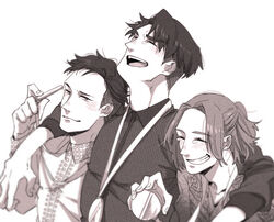  3boys ^_^ arms_around_neck bad_id bad_pixiv_id boy_sandwich closed_eyes con_potata greyscale grin half_updo jean-jacques_leroy leo_de_la_iglesia male_focus medal monochrome multiple_boys open_mouth otabek_altin sandwiched simple_background smile tears yuri!!!_on_ice 