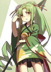  arm_up back_bow bell blush bow brown_eyes commentary_request female flower flower_knight_girl green_background green_hair green_kimono hair_between_eyes hair_flower hair_ornament hair_ribbon high_ponytail japanese_clothes jingle_bell kimono long_hair long_sleeves looking_at_viewer mizunashi_(second_run) obi parted_bangs parted_lips polearm polearm_behind_back ponytail red_bow red_ribbon ribbon ribbon-trimmed_sleeves ribbon_trim ringlets sankaku_saboten_(flower_knight_girl) sash short_kimono solo spear sweat two-tone_background very_long_hair weapon white_background white_flower wide_sleeves 