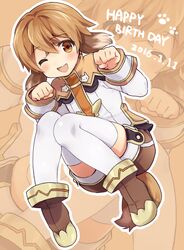  1boy animal_ears bad_id bad_pixiv_id birthday blush brown_eyes brown_hair dog_boy dog_ears dog_tail full_body hair_between_eyes happy_birthday male_focus one_eye_closed open_mouth paw_pose pop-up_story shorts solo st._feles_gakuen_uniform tail thighhighs utsunomiya_hetaru white_thighhighs yuuri_lessen 