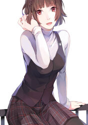  :d absurdres arm_support black_pantyhose black_skirt black_vest blunt_bangs braid breasts brown_hair commentary_request crown_braid female hand_in_own_hair highres looking_at_viewer miniskirt niijima_makoto open_mouth pantyhose persona persona_5 photoshop_(medium) plaid plaid_skirt pleated_skirt red_eyes school_uniform shirt short_hair shuujin_academy_school_uniform sitting skirt smile solo vest white_background white_shirt yft000 