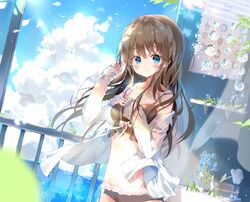  b_rock bad_id bad_pixiv_id blue_eyes blue_flower blush breasts brown_hair cloud collarbone cumulonimbus_cloud day female flower glass indoors large_breasts light_rays long_hair looking_at_viewer navel original outdoors railing revision shelf sky solo sunbeam sunlight vase 