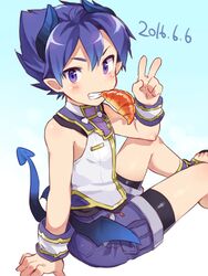  1boy bad_id bad_pixiv_id bike_shorts blue_hair blush commentary_request croissant dated demon_boy demon_tail demon_wings food food_in_mouth horns male_focus mini_wings mouth_hold pointy_ears pop-up_story purple_eyes smile solo st._feles_gakuen_uniform tail utsunomiya_hetaru v wings ziz_glover 