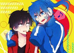  1boy bad_id bad_pixiv_id black_hair blue_eyes blue_hair ene_(kagerou_project) female hug hug_from_behind jacket kagerou_project kisaragi_shintarou long_hair musical_note ringomaru short_hair sleeves_past_fingers sleeves_past_wrists smile sweatdrop track_jacket twintails 