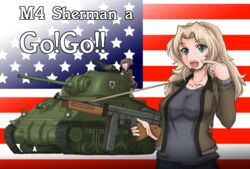  2girls alisa_(girls_und_panzer) american_flag bad_id bad_pixiv_id blonde_hair blue_eyes brown_eyes brown_hair browning_m2 caterpillar_tracks english_text flag_background girls_und_panzer gun headset heavy_machine_gun jacket kay_(girls_und_panzer) long_hair m4_sherman machine_gun medium_tank military military_uniform military_vehicle motor_vehicle multiple_girls open_mouth saunders_military_uniform short_hair short_twintails shorts submachine_gun tank tanker_jacket thompson_submachine_gun tomahawk_(nagarebosi8492) twintails uniform weapon world_war_ii 