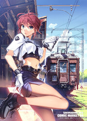  2girls 3boys belt blue_eyes commentary_request crop_top crop_top_overhang cuffs folded_ponytail gloves handcuffs iwaizumi_shou koumi_haruka legs midriff multiple_boys multiple_girls navel overhead_line painttool_sai_(medium) pantograph pencil_skirt police police_uniform policewoman ponytail rail_wars! red_hair revision sakurai_aoi shoes skirt solo_focus stomach takayama_naoto train train_station uniform vania600 