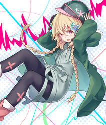  adjusting_clothes adjusting_headwear black_pantyhose blonde_hair blush braid commentary_request female flower green_jacket hair_flower hair_ornament hat highres hood hooded_jacket jacket long_sleeves looking_at_viewer misono_chiaya ninnzinn open_mouth pantyhose red_eyes short_hair_with_long_locks sidelocks solo the_rolling_girls twin_braids 