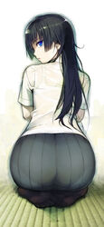  ass black_hair blue_eyes bra commentary_request feet female from_behind highres long_hair looking_at_viewer looking_back mitsurugi_yoishi namaniku_atk panties panties_under_pantyhose pantyhose pantylines phenomeno photoshop_(medium) red_pupils revision see-through seiza sitting skirt solo underwear 