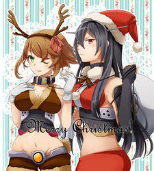  2girls adapted_costume animal_costume antlers black_gloves black_hair brown_hair christmas collar commentary_request fingerless_gloves gloves green_eyes groin hair_ribbon hairband hat horns kantai_collection leash long_hair looking_at_viewer midriff multiple_girls mutsu_(kancolle) nagato_(kancolle) navel one_eye_closed photoshop_(medium) red_eyes reindeer_antlers reindeer_costume ribbon santa_costume santa_hat suzuka_(rekkyo) white_gloves 