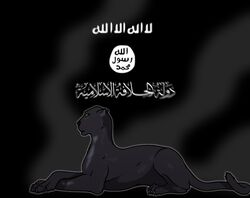  aleone ambiguous_gender arabic_text felid feral flag islamic_state mammal pantherine religion sitting solo terrorism text translated 