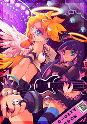  2girls bad_id bad_pixiv_id blonde_hair blue_eyes dress earrings guitar halo hat highres instrument jewelry long_hair microphone multicolored_hair multiple_girls panty_&amp;_stocking_with_garterbelt panty_(psg) photoshop_(medium) rye-beer short_dress siblings sisters spikes stocking_(psg) striped_clothes striped_thighhighs thighhighs two-tone_hair wristband 