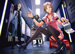  2boys bad_id bad_pixiv_id bill_(object) black_hair breasts brown_eyes brown_hair cross doctor earrings female garter_straps glasses grey_hair grin hat high_heels jewelry lab_coat long_hair mask medium_breasts money_gesture mouth_mask multicolored_hair multiple_boys nurse nurse_cap original redjuice revision short_hair sitting smile stethoscope sunglasses supercell_(band) surgical_mask thighhighs two-tone_hair walking 