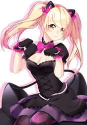  absurdres alternate_costume animal_ears argyle argyle_legwear bead_bracelet beads black_cat_d.va black_dress black_gloves blonde_hair blush bow bracelet breasts brown_eyes cat_ears cat_tail cleavage corset d.va_(overwatch) dress earrings eyebrows_visible_through_hair fake_animal_ears frilled_dress frills gloves heart heart-shaped_pupils heart_earrings highres jewelry lolita_fashion looking_at_viewer mecha medium_breasts meka_(overwatch) neenachii overwatch pantyhose paw_pose pink_bow puffy_short_sleeves puffy_sleeves purple_skirt shadow short_sleeves simple_background sitting sitting_on_object skirt smile solo symbol-shaped_pupils tail twintails white_background yellow_pupils 