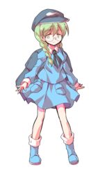  alphes_(style) backpack bag blue_footwear blue_hat blue_shirt blue_skirt boots braid closed_mouth collared_shirt commentary_request dairi female full_body glasses_kappa green_eyes green_hair hair_between_eyes hair_over_shoulder hair_tie hat kappa_mob_(touhou) legs_apart long_hair long_sleeves miniskirt parody round_eyewear rounded_corners semi-rimless_eyewear shirt skirt smile solo standing style_parody tachi-e tareme touhou transparent_background twin_braids under-rim_eyewear 