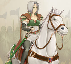  amalda_(fire_emblem) armor breastplate breasts bridle cape cleavage commentary_request elbow_gloves female fingerless_gloves fire_emblem fire_emblem:_thracia_776 gloves green_eyes grey_hair hand_on_hilt horse horseback_riding knight medium_breasts nonji_(sayglo_halo) pauldrons reins riding sheath sheathed shoulder_armor solo sword thighhighs weapon white_horse 