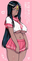  astolfo_(fate) astolfo_(fate)_(cosplay) astolfo_(sailor_paladin)_(fate) astolfo_(sailor_paladin)_(fate)_(cosplay) black_hair breasts check_translation circlet commentary_request cosplay covered_nipples crop_top cropped_shirt dark-skinned_female dark_skin fate/apocrypha fate/grand_order fate_(series) female flying_sweatdrops green_eyes heart hijiri_tsukasa large_breasts light_smile long_hair looking_at_viewer midriff navel official_alternate_costume pink_background red_sailor_collar red_skirt sailor_collar scheherazade_(fate) school_uniform serafuku simple_background skirt solo stomach thighs translation_request underboob 