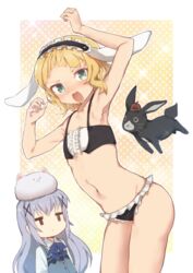  2girls :&lt; :3 animal_ears anko_(gochiusa) armpits arms_up bikini black_bikini blonde_hair blue_hair collarbone commentary_request flat_chest fleur_de_lapin_uniform frilled_bikini frills gochuumon_wa_usagi_desu_ka? green_eyes hair_ornament jitome kafuu_chino kirima_syaro lolita_fashion long_hair long_sleeves looking_at_viewer maid maid_bikini multiple_girls navel niizuka_(c-drop) open_mouth rabbit_ears rabbit_house_uniform standing swimsuit tippy_(gochiusa) unconventional_maid x_hair_ornament 