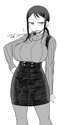  amakasu_hisone breasts curvy female greyscale hand_on_own_hip high-waist_skirt hisone_to_masotan huge_breasts jitome long_hair low_ponytail monochrome open_mouth pantyhose ponytail ribbed_sweater sidelocks simple_background skirt solo sweater tsukudani_(coke-buta) turtleneck turtleneck_sweater 