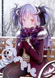  :o bag bench black_bow black_pantyhose blush bow breath brown_eyes brown_sweater can chouhakai!!_barbarossa coat commentary_request curled_horns day demon_girl demon_horns demon_wings female fringe_trim fur-trimmed_coat fur_trim givuchoko gloves hair_between_eyes hairbow holding holding_can horns long_hair long_sleeves looking_at_viewer on_bench open_clothes open_coat outdoors pantyhose park_bench parted_lips plastic_bag pleated_skirt purple_hair purple_wings red_coat red_eyes red_gloves red_skirt ribbed_sweater sample_watermark scarf shopping_bag sitting skirt snow snowing solo sweater tree twintails watermark wings 