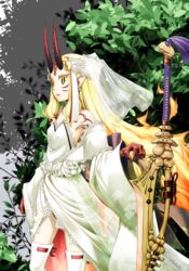  alternate_costume bare_shoulders blonde_hair bridal_veil bride commentary_request detached_sleeves dress dress_flower facial_mark fang_out fate/grand_order fate_(series) female fingernails flower forehead_mark highres horns ibaraki_douji_(fate) oerba_yun_fang oni oni_horns pointy_ears ribbon-trimmed_legwear ribbon_trim rose sharp_fingernails solo standing strapless strapless_dress sword takuteks thighhighs veil weapon wedding_dress white_dress white_flower white_rose white_thighhighs wide_sleeves yellow_eyes 