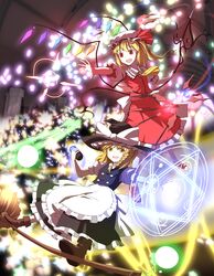  apron ascot bad_id bad_pixiv_id black_dress blonde_hair bow braid broom broom_surfing danmaku dress flandre_scarlet hat hat_bow highres kirisame_marisa laevatein magic_circle minust mob_cap multiple_girls oerba_yun_fang open_mouth puffy_sleeves red_dress red_eyes sash shirt short_sleeves side_ponytail single_braid smile the_embodiment_of_scarlet_devil touhou waist_apron wings witch_hat yellow_eyes 