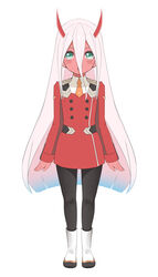  absurdres aged_down alternate_costume aqua_eyes bad_id bad_pixiv_id black_pantyhose boots colored_skin commentary_request darling_in_the_franxx erjian female flat_chest full_body hair_between_eyes highres horns long_hair necktie oni_horns open_mouth orange_necktie pantyhose photoshop_(medium) red_horns red_skin short_necktie silver_hair simple_background solo spoilers standing uniform very_long_hair white_background zero_two_(darling_in_the_franxx) 