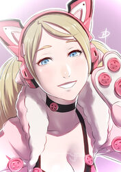  animal_ear_headphones animal_ears animal_hands blonde_hair blue_eyes breasts buttons cat_ear_headphones choker cleavage commentary english_commentary eyelashes fake_animal_ears female fur_collar gloves headphones long_hair lucky_chloe medium_breasts nose paw_gloves photoshop_(medium) polarityplus smile solo tekken tekken_7 upper_body 