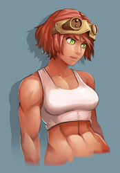  abs bankage bare_shoulders blue_background breasts commentary dark-skinned_female dark_skin english_commentary female goggles goggles_on_head green_eyes koutetsujou_no_kabaneri lips medium_breasts midriff muscular muscular_female navel nose red_hair short_hair solo sports_bra tan tomboy upper_body white_sports_bra yukina_(kabaneri) 