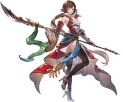  blue_eyes boots breasts brown_hair collarbone detached_sleeves female full_body gauntlets granblue_fantasy hair_ornament high_heel_boots high_heels leg_up leona_(granblue_fantasy) long_hair looking_at_viewer low_ponytail medium_breasts minaba_hideo official_art open_mouth polearm sash single_gauntlet sleeveless smile solo thigh_boots thighhighs transparent_background very_long_hair weapon 