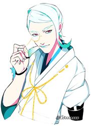  1boy bad_id bad_twitter_id blue_hair blue_lips lipstick makeup male_focus monocle pink_eyes simple_background solo tomoegata_naginata touken_ranbu twitter_username white_background 