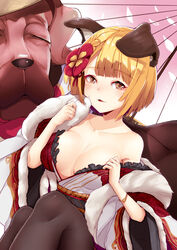  absurdres alternate_breast_size animal animal_ears bare_shoulders black_legwear blonde_hair blush bracelet braid breasts brown_eyes canine cleavage collarbone commentary dog_ears erune female flower frills fur_trim garjana granblue_fantasy hair_flower hair_ornament highres japanese_clothes jewelry khibiki kimono large_breasts long_sleeves looking_at_viewer obi off_shoulder open_clothes open_kimono open_mouth pantyhose parted_lips photoshop_(medium) red_flower revision rope sash shimenawa short_hair smile vajra_(granblue_fantasy) wide_sleeves 