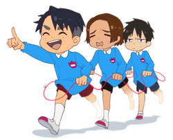  3boys ^_^ aged_down bad_id bad_pixiv_id black_hair brown_eyes brown_hair closed_eyes con_potata jean-jacques_leroy kindergarten_uniform kneehighs leo_de_la_iglesia lolicon male_focus multiple_boys open_mouth otabek_altin pointing running shorts simple_background smile socks sweat white_legwear yuri!!!_on_ice 