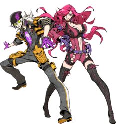  1boy 7th_dragon_(series) 7th_dragon_iii agent_(7th_dragon) beanie black_footwear black_legwear boots breasts cleavage cross-laced_footwear female full_body gloves hair_over_one_eye hat huge_breasts lace-up_boots miwa_shirow navel official_art red_hair sunglasses thigh_boots thighhighs transparent_background unzipped white_hair 