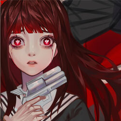  asagiri_aya blood blood_from_eyes brown_hair commentary_request crying female gun holding holding_gun holding_weapon long_hair looking_at_viewer mahou_shoujo_site parted_lips pink_lips portrait red_eyes sailor_collar school_uniform solo symbol-shaped_pupils takanoori_middle_school_uniform weapon white_sailor_collar ziiiing 